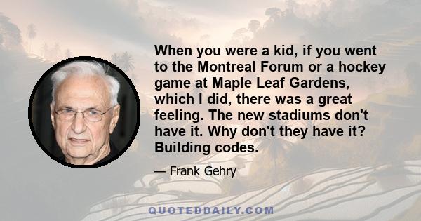 When you were a kid, if you went to the Montreal Forum or a hockey game at Maple Leaf Gardens, which I did, there was a great feeling. The new stadiums don't have it. Why don't they have it? Building codes.