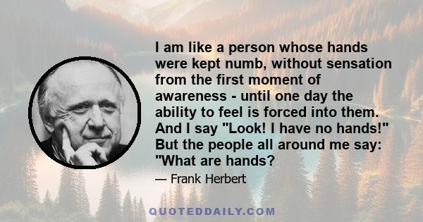 I am like a person whose hands were kept numb, without sensation from the first moment of awareness - until one day the ability to feel is forced into them. And I say Look! I have no hands! But the people all around me