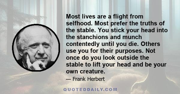 Most lives are a flight from selfhood. Most prefer the truths of the stable. You stick your head into the stanchions and munch contentedly until you die. Others use you for their purposes. Not once do you look outside