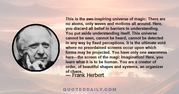 This is the awe-inspiring universe of magic: There are no atoms, only waves and motions all around. Here, you discard all belief in barriers to understanding. You put aside understanding itself. This universe cannot be