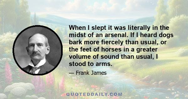 When I slept it was literally in the midst of an arsenal. If I heard dogs bark more fiercely than usual, or the feet of horses in a greater volume of sound than usual, I stood to arms.