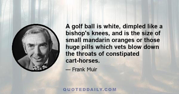 A golf ball is white, dimpled like a bishop's knees, and is the size of small mandarin oranges or those huge pills which vets blow down the throats of constipated cart-horses.