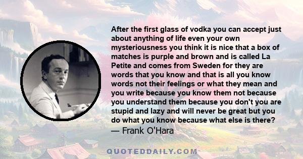 After the first glass of vodka you can accept just about anything of life even your own mysteriousness you think it is nice that a box of matches is purple and brown and is called La Petite and comes from Sweden for