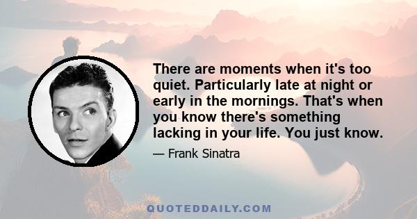 There are moments when it's too quiet. Particularly late at night or early in the mornings. That's when you know there's something lacking in your life. You just know.