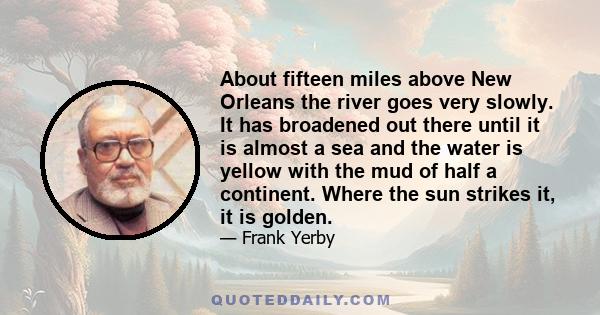 About fifteen miles above New Orleans the river goes very slowly. It has broadened out there until it is almost a sea and the water is yellow with the mud of half a continent. Where the sun strikes it, it is golden.