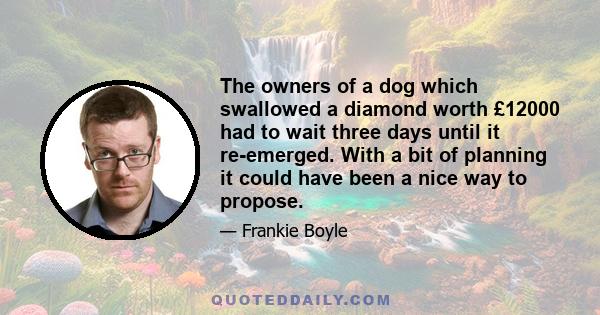 The owners of a dog which swallowed a diamond worth £12000 had to wait three days until it re-emerged. With a bit of planning it could have been a nice way to propose.