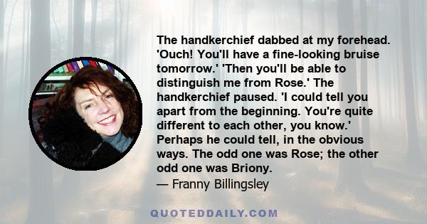 The handkerchief dabbed at my forehead. 'Ouch! You'll have a fine-looking bruise tomorrow.' 'Then you'll be able to distinguish me from Rose.' The handkerchief paused. 'I could tell you apart from the beginning. You're