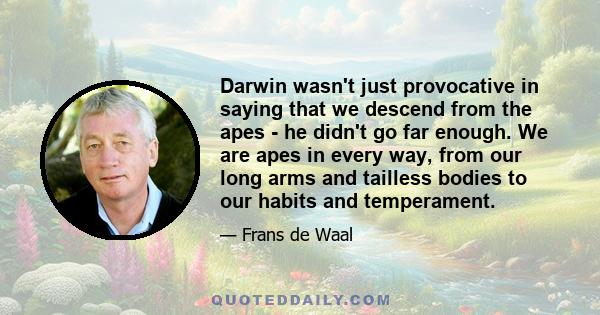 Darwin wasn't just provocative in saying that we descend from the apes - he didn't go far enough. We are apes in every way, from our long arms and tailless bodies to our habits and temperament.