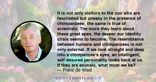 It is not only visitors to the zoo who are fascinated but uneasy in the presence of chimpanzees; the same is true of scientists. The more they learn about these great apes, the deeper our identity crisis seems to