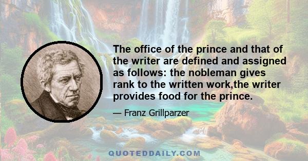 The office of the prince and that of the writer are defined and assigned as follows: the nobleman gives rank to the written work,the writer provides food for the prince.