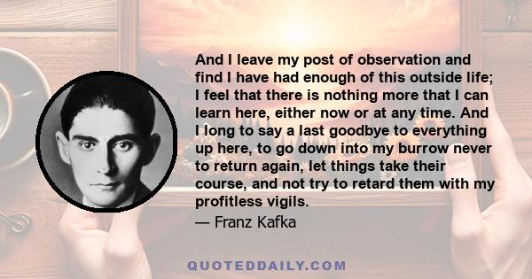 And I leave my post of observation and find I have had enough of this outside life; I feel that there is nothing more that I can learn here, either now or at any time. And I long to say a last goodbye to everything up