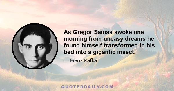 As Gregor Samsa awoke one morning from uneasy dreams he found himself transformed in his bed into a gigantic insect.