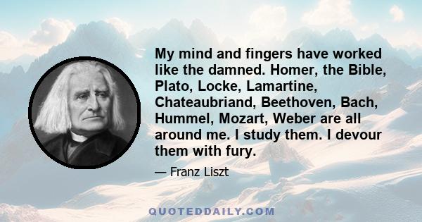 My mind and fingers have worked like the damned. Homer, the Bible, Plato, Locke, Lamartine, Chateaubriand, Beethoven, Bach, Hummel, Mozart, Weber are all around me. I study them. I devour them with fury.