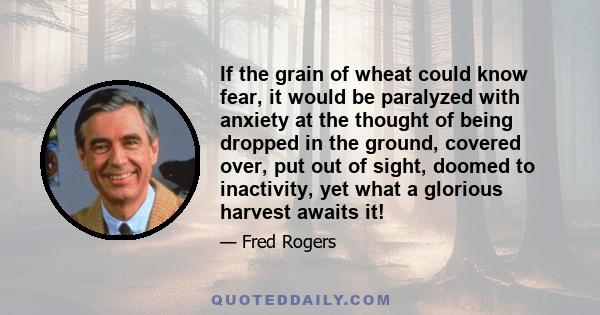 If the grain of wheat could know fear, it would be paralyzed with anxiety at the thought of being dropped in the ground, covered over, put out of sight, doomed to inactivity, yet what a glorious harvest awaits it!