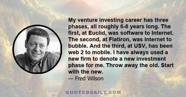 My venture investing career has three phases, all roughly 6-8 years long. The first, at Euclid, was software to Internet. The second, at Flatiron, was Internet to bubble. And the third, at USV, has been web 2 to mobile. 