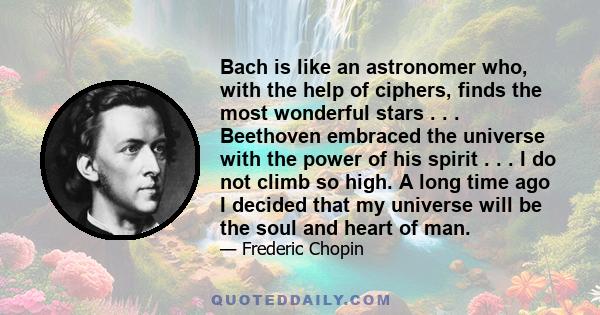 Bach is like an astronomer who, with the help of ciphers, finds the most wonderful stars . . . Beethoven embraced the universe with the power of his spirit . . . I do not climb so high. A long time ago I decided that my 