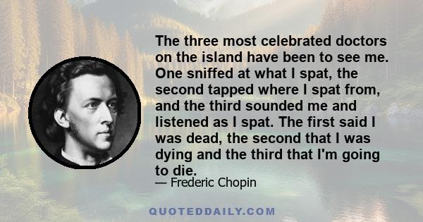 The three most celebrated doctors on the island have been to see me. One sniffed at what I spat, the second tapped where I spat from, and the third sounded me and listened as I spat. The first said I was dead, the