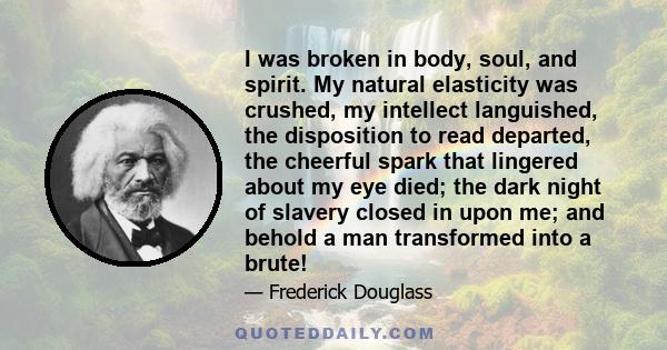 I was broken in body, soul, and spirit. My natural elasticity was crushed, my intellect languished, the disposition to read departed, the cheerful spark that lingered about my eye died; the dark night of slavery closed