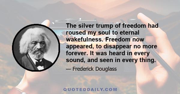 The silver trump of freedom had roused my soul to eternal wakefulness. Freedom now appeared, to disappear no more forever. It was heard in every sound, and seen in every thing.