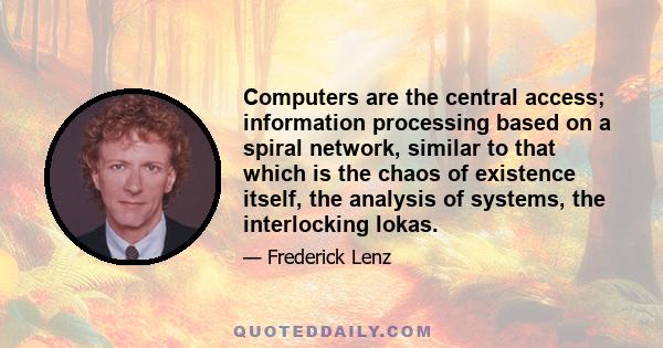 Computers are the central access; information processing based on a spiral network, similar to that which is the chaos of existence itself, the analysis of systems, the interlocking lokas.