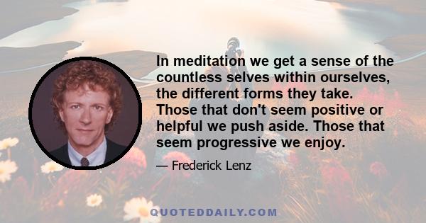 In meditation we get a sense of the countless selves within ourselves, the different forms they take. Those that don't seem positive or helpful we push aside. Those that seem progressive we enjoy.