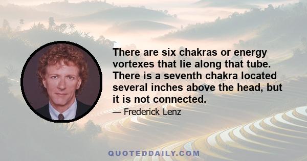 There are six chakras or energy vortexes that lie along that tube. There is a seventh chakra located several inches above the head, but it is not connected.