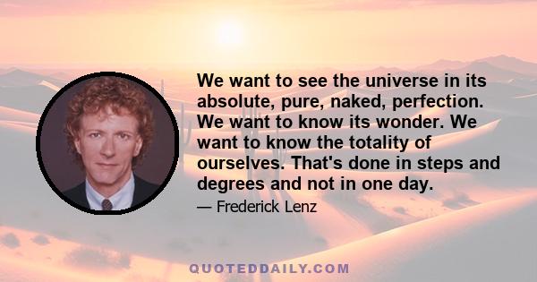 We want to see the universe in its absolute, pure, naked, perfection. We want to know its wonder. We want to know the totality of ourselves. That's done in steps and degrees and not in one day.