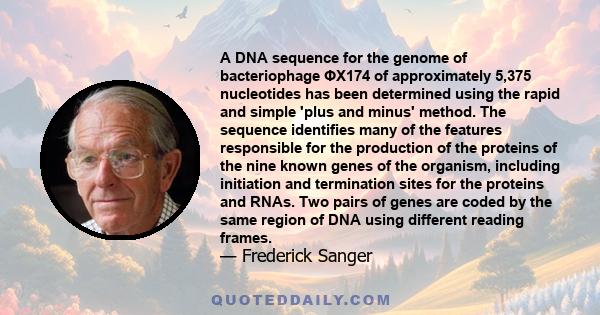 A DNA sequence for the genome of bacteriophage ΦX174 of approximately 5,375 nucleotides has been determined using the rapid and simple 'plus and minus' method. The sequence identifies many of the features responsible