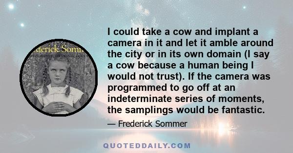 I could take a cow and implant a camera in it and let it amble around the city or in its own domain (I say a cow because a human being I would not trust). If the camera was programmed to go off at an indeterminate