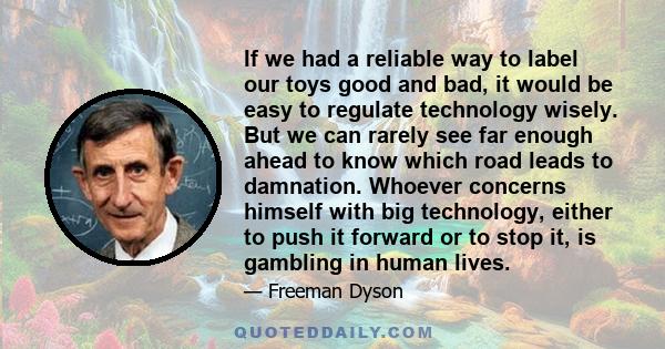 If we had a reliable way to label our toys good and bad, it would be easy to regulate technology wisely. But we can rarely see far enough ahead to know which road leads to damnation. Whoever concerns himself with big