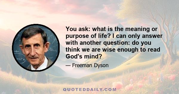 You ask: what is the meaning or purpose of life? I can only answer with another question: do you think we are wise enough to read God's mind?