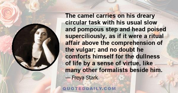 The camel carries on his dreary circular task with his usual slow and pompous step and head poised superciliously, as if it were a ritual affair above the comprehension of the vulgar; and no doubt he comforts himself