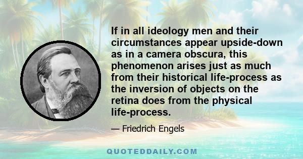 If in all ideology men and their circumstances appear upside-down as in a camera obscura, this phenomenon arises just as much from their historical life-process as the inversion of objects on the retina does from the