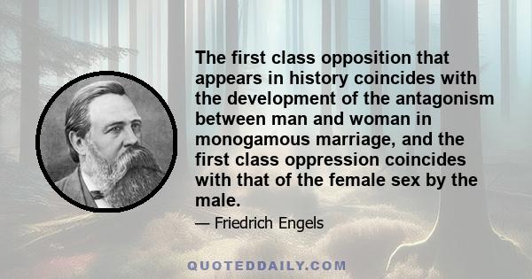 The first class opposition that appears in history coincides with the development of the antagonism between man and woman in monogamous marriage, and the first class oppression coincides with that of the female sex by