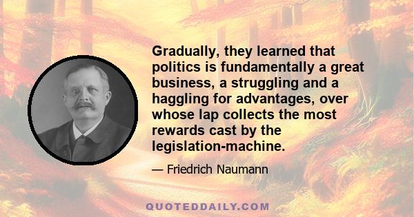 Gradually, they learned that politics is fundamentally a great business, a struggling and a haggling for advantages, over whose lap collects the most rewards cast by the legislation-machine.