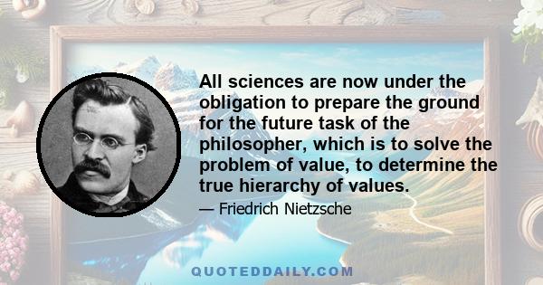 All sciences are now under the obligation to prepare the ground for the future task of the philosopher, which is to solve the problem of value, to determine the true hierarchy of values.