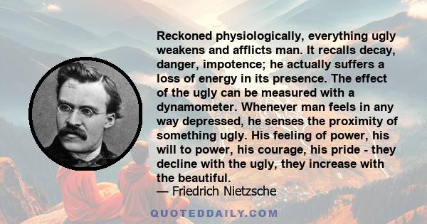 Reckoned physiologically, everything ugly weakens and afflicts man. It recalls decay, danger, impotence; he actually suffers a loss of energy in its presence. The effect of the ugly can be measured with a dynamometer.