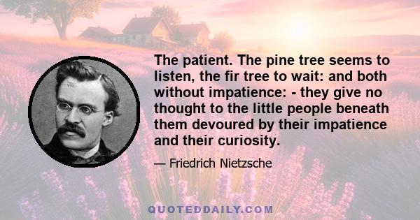 The patient. The pine tree seems to listen, the fir tree to wait: and both without impatience: - they give no thought to the little people beneath them devoured by their impatience and their curiosity.