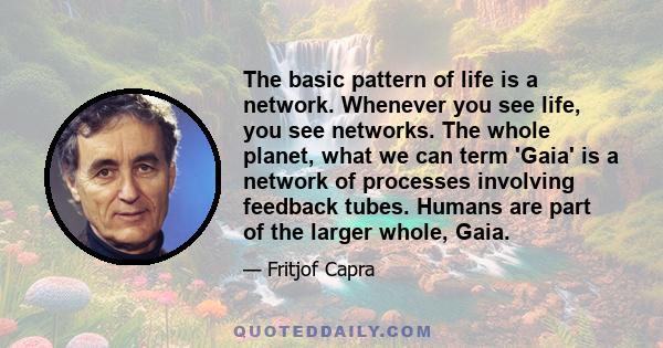 The basic pattern of life is a network. Whenever you see life, you see networks. The whole planet, what we can term 'Gaia' is a network of processes involving feedback tubes. Humans are part of the larger whole, Gaia.