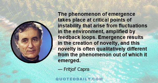 The phenomenon of emergence takes place at critical points of instability that arise from fluctuations in the environment, amplified by feedback loops. Emergence results in the creation of novelty, and this novelty is