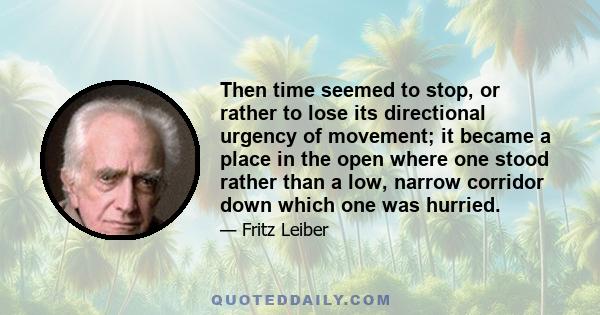 Then time seemed to stop, or rather to lose its directional urgency of movement; it became a place in the open where one stood rather than a low, narrow corridor down which one was hurried.