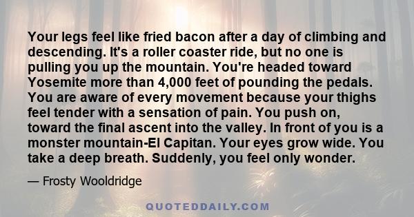 Your legs feel like fried bacon after a day of climbing and descending. It's a roller coaster ride, but no one is pulling you up the mountain. You're headed toward Yosemite more than 4,000 feet of pounding the pedals.