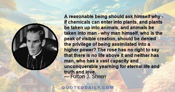 A reasonable being should ask himself why - if chemicals can enter into plants, and plants be taken up into animals, and animals be taken into man - why man himself, who is the peak of visible creation, should be denied 