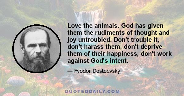 Love the animals. God has given them the rudiments of thought and joy untroubled. Don't trouble it, don't harass them, don't deprive them of their happiness, don't work against God's intent.