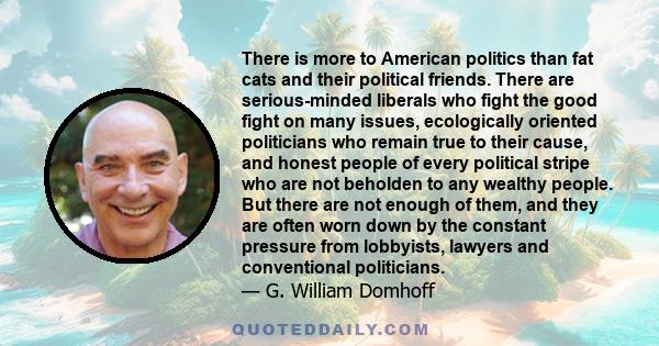 There is more to American politics than fat cats and their political friends. There are serious-minded liberals who fight the good fight on many issues, ecologically oriented politicians who remain true to their cause,