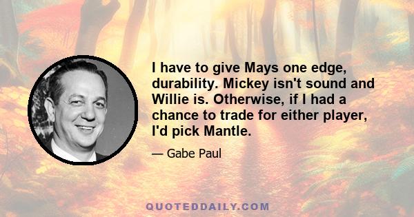 I have to give Mays one edge, durability. Mickey isn't sound and Willie is. Otherwise, if I had a chance to trade for either player, I'd pick Mantle.