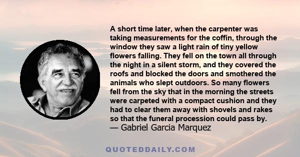 A short time later, when the carpenter was taking measurements for the coffin, through the window they saw a light rain of tiny yellow flowers falling. They fell on the town all through the night in a silent storm, and