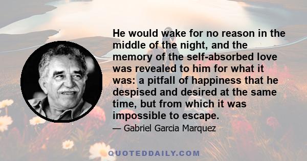 He would wake for no reason in the middle of the night, and the memory of the self-absorbed love was revealed to him for what it was: a pitfall of happiness that he despised and desired at the same time, but from which