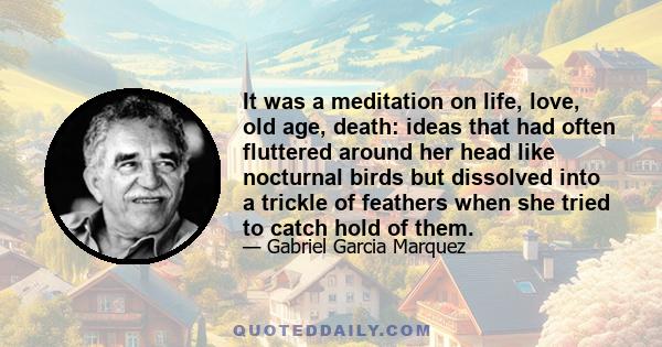 It was a meditation on life, love, old age, death: ideas that had often fluttered around her head like nocturnal birds but dissolved into a trickle of feathers when she tried to catch hold of them.