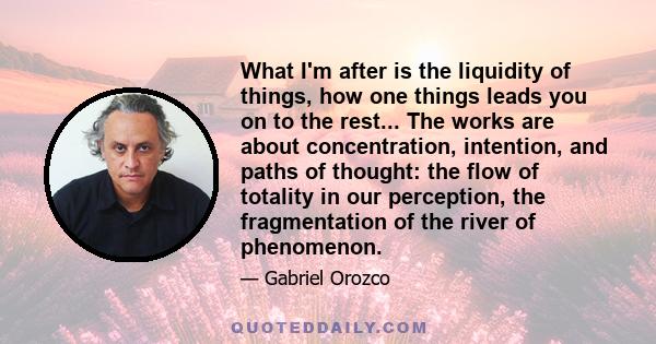 What I'm after is the liquidity of things, how one things leads you on to the rest... The works are about concentration, intention, and paths of thought: the flow of totality in our perception, the fragmentation of the